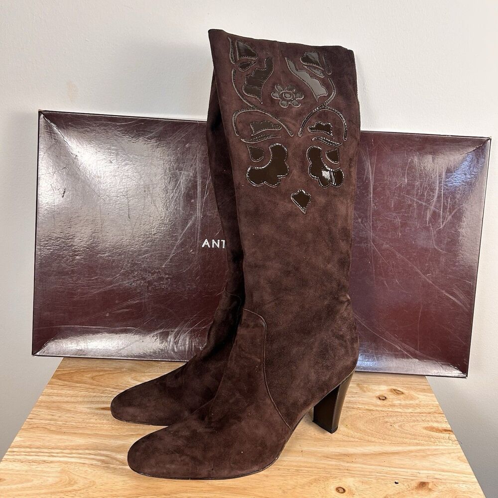 Antonio Melani Brown Suede Knee High Boots 8.5M Embroidered Western Boho